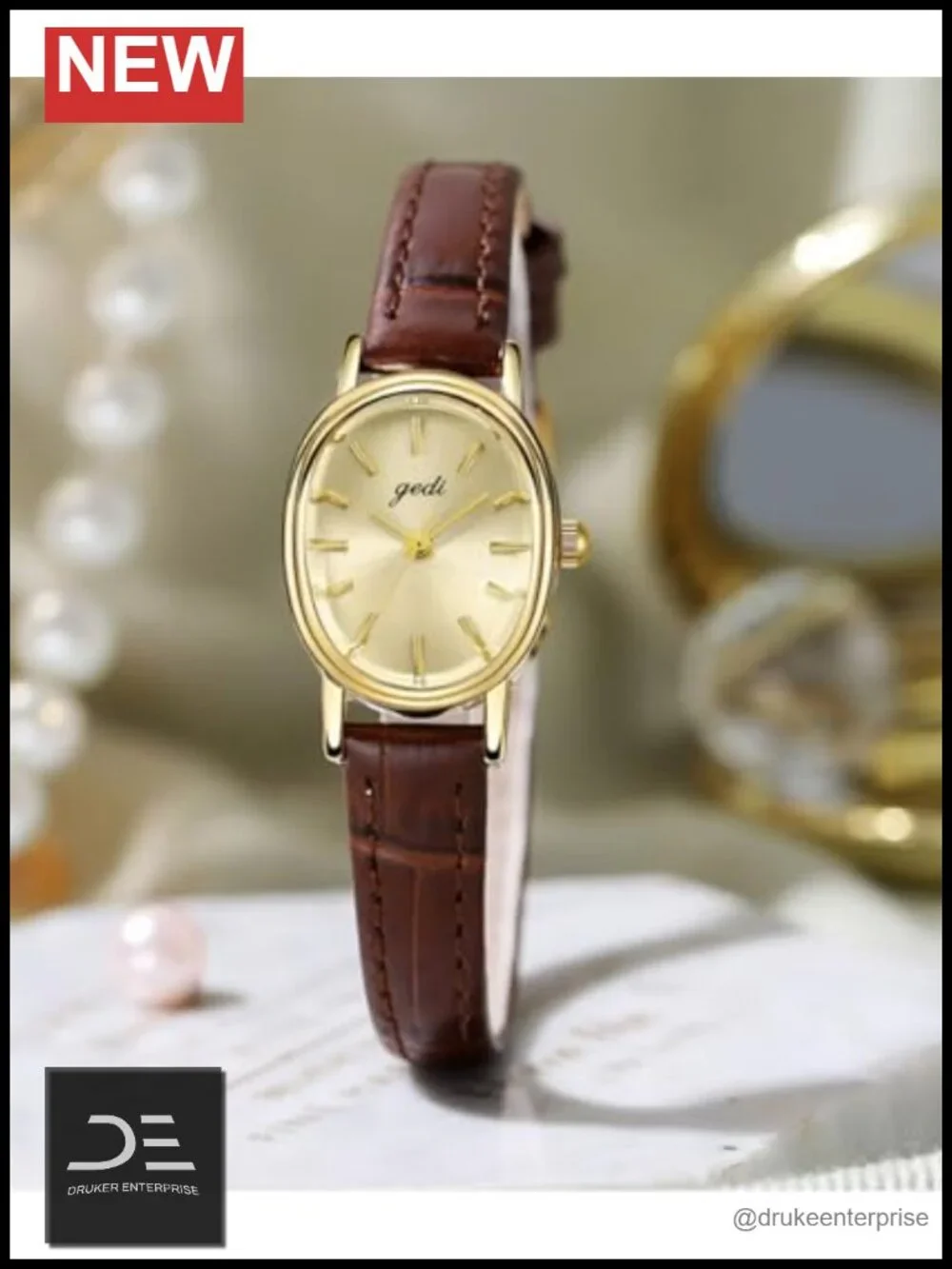Elegant Oval Dial Quartz Watch with Leather Strap - Water Resistant